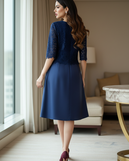 Satin Kleid - Satinkleid Midi A-Linie Blau - Spitze Patchwork - Ansicht 2