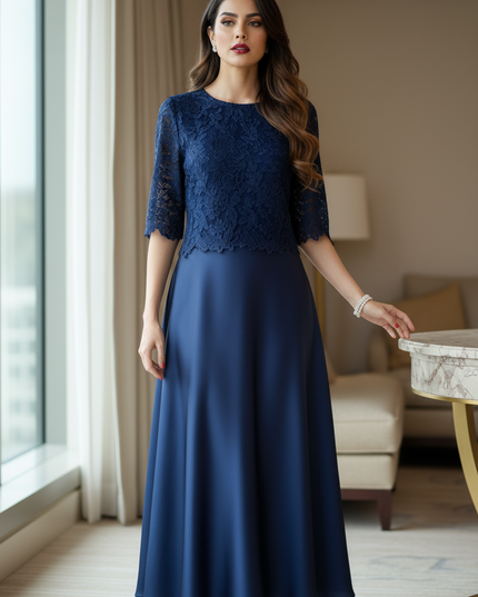 Satin Kleid - Satinkleid Midi A-Linie Blau - Spitze Patchwork - Ansicht 4
