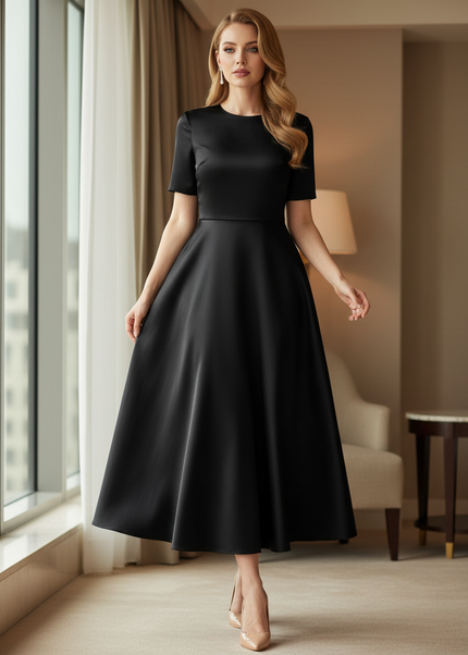 Satin Kleid Black - Satinkleid Midi A-Linie Schwarz - elegant & zeitlos - Ansicht 1