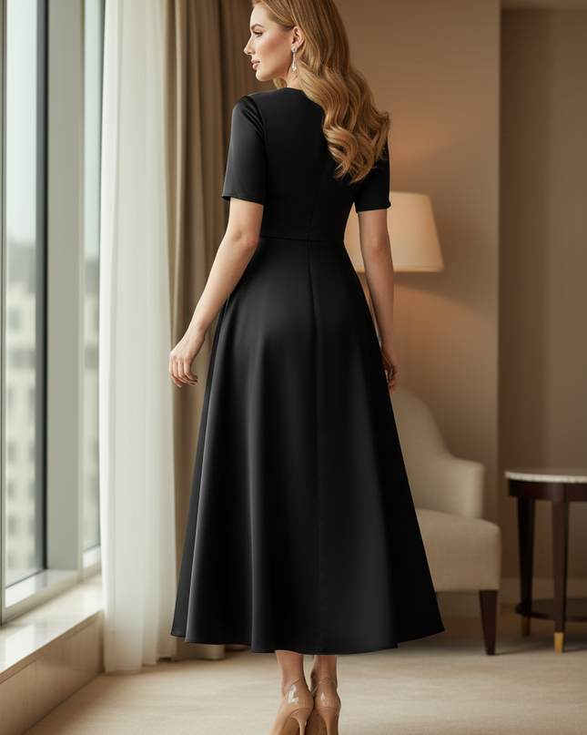 Satin Kleid Black - Satinkleid Midi A-Linie Schwarz - elegant & zeitlos - Ansicht 2