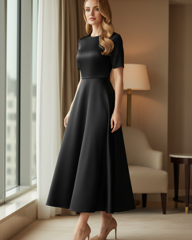 Satin Kleid Black - Satinkleid Midi A-Linie Schwarz - elegant & zeitlos - Ansicht 3