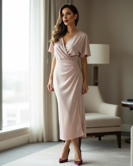 Satin Kleid Pink - Satinkleid Midi Aprikot - Wickel Fledermausarm - Ansicht 1