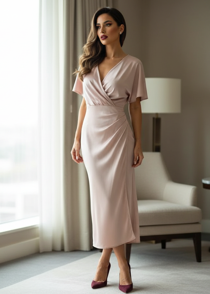 Satin Kleid Pink - Satinkleid Midi Aprikot - Wickel Fledermausarm - Ansicht 1