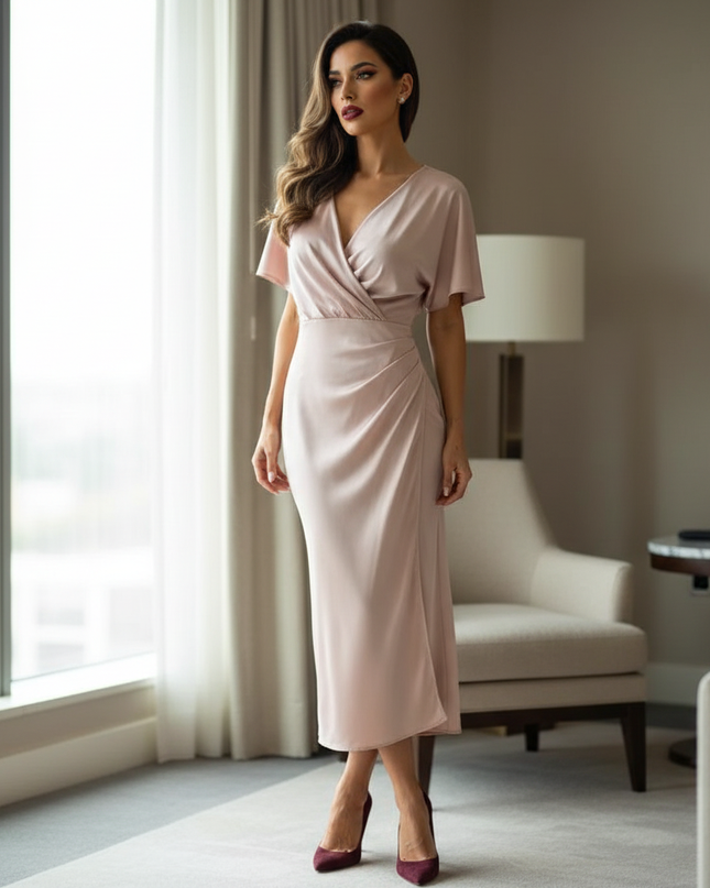 Satin Kleid Pink - Satinkleid Midi Aprikot - Wickel Fledermausarm - Ansicht 1