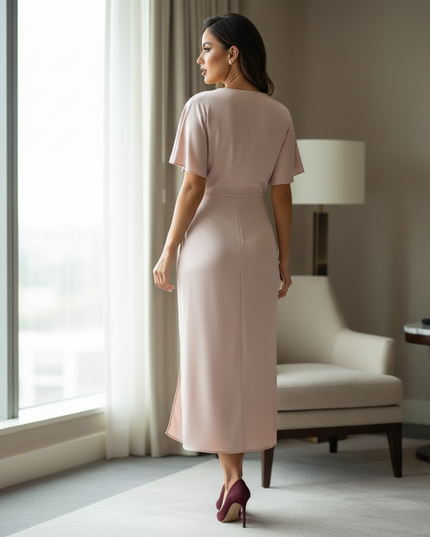 Satin Kleid Pink - Satinkleid Midi Aprikot - Wickel Fledermausarm - Ansicht 2