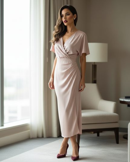 Satin Kleid Pink - Satinkleid Midi Aprikot - Wickel Fledermausarm - Ansicht 3