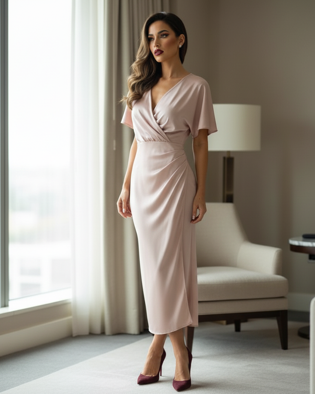 Satin Kleid Pink - Satinkleid Midi Aprikot - Wickel Fledermausarm - Ansicht 3