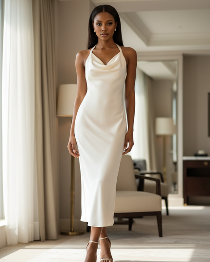 Satin Kleid Cream - Satinkleid Midi Beige - armelloses Kleid elegant - Ansicht 1
