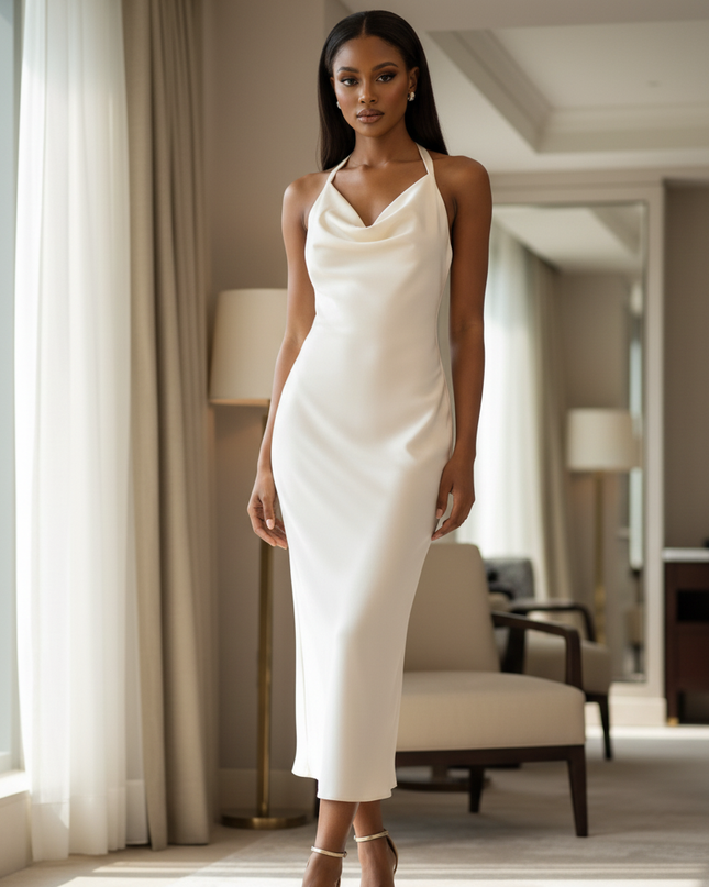 Satin Kleid Cream - Satinkleid Midi Beige - armelloses Kleid elegant - Ansicht 3