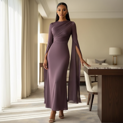 Satinkleid lila - Lila Satinkleid Midi Bodycon mit Cape - Ansicht 1