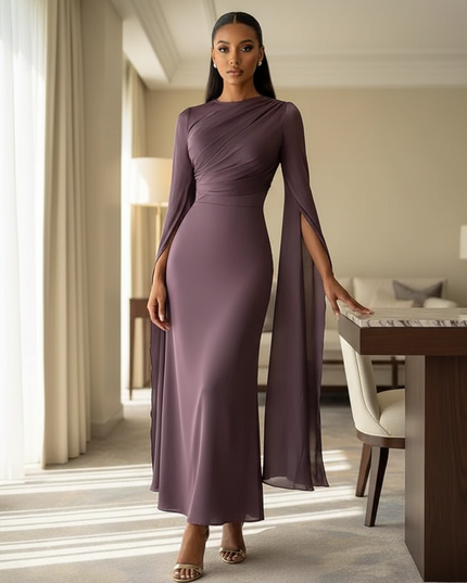 Satinkleid lila - Lila Satinkleid Midi Bodycon mit Cape - Ansicht 1