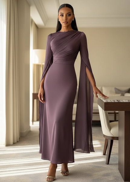 Satinkleid lila - Lila Satinkleid Midi Bodycon mit Cape - Ansicht 1