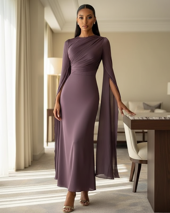 Satinkleid lila - Lila Satinkleid Midi Bodycon mit Cape - Ansicht 1