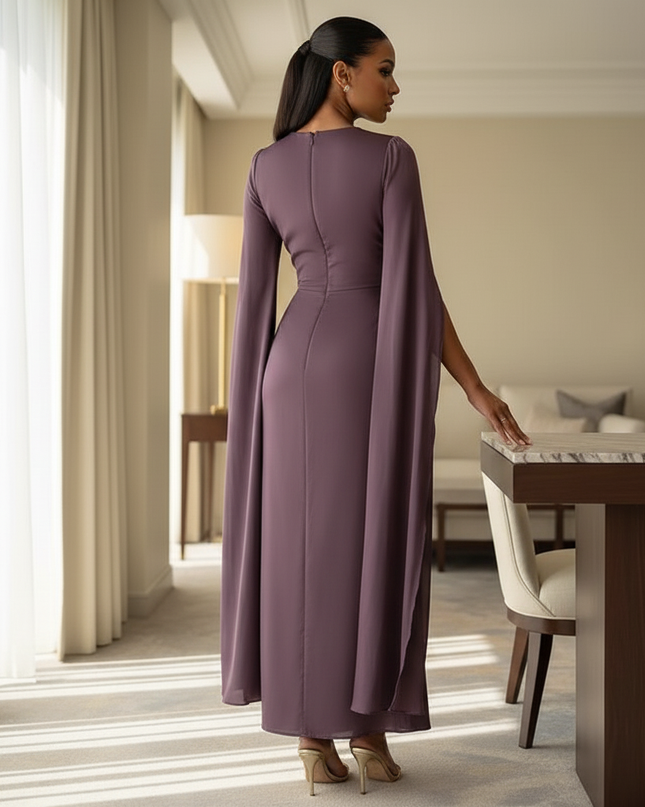 Satinkleid lila - Lila Satinkleid Midi Bodycon mit Cape - Ansicht 2