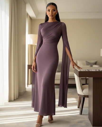 Satinkleid lila - Lila Satinkleid Midi Bodycon mit Cape - Ansicht 3