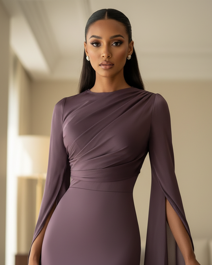 Satinkleid lila - Lila Satinkleid Midi Bodycon mit Cape - Ansicht 4