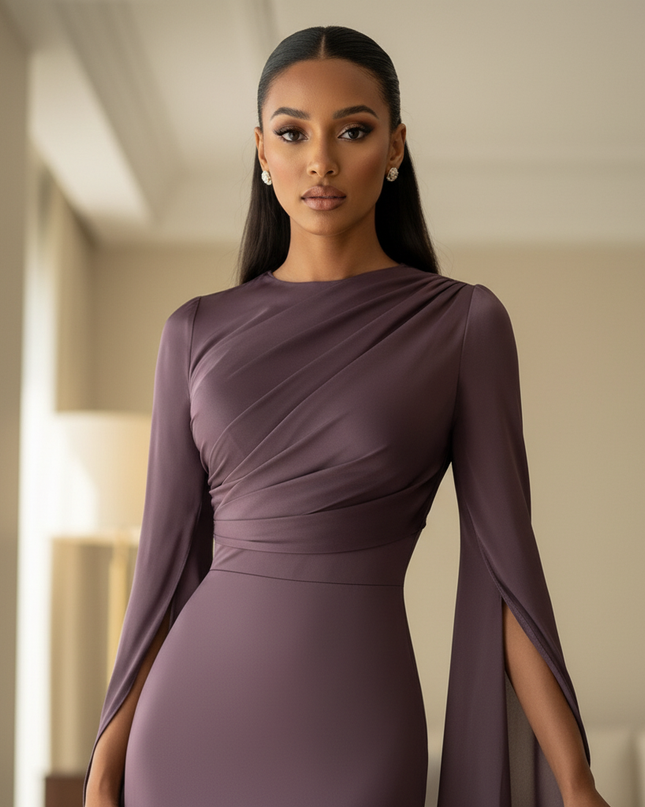 Satinkleid lila - Lila Satinkleid Midi Bodycon mit Cape - Ansicht 4
