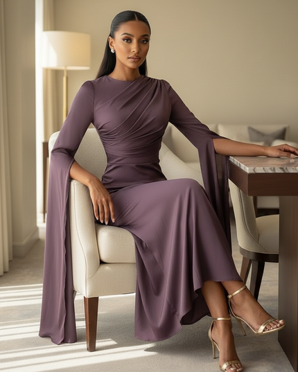 Satinkleid lila - Lila Satinkleid Midi Bodycon mit Cape - Ansicht 5