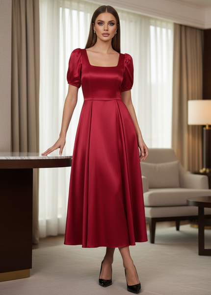 Satin Kleid Red - Satinkleid Midi Bordeaux - A-Linie mit Puffarm - Ansicht 1