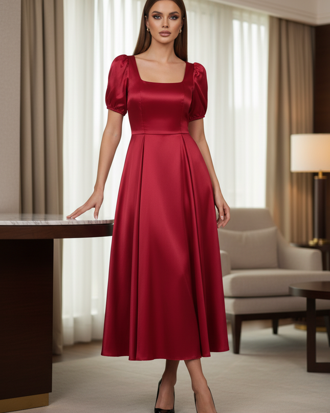Satin Kleid Red - Satinkleid Midi Bordeaux - A-Linie mit Puffarm - Ansicht 1