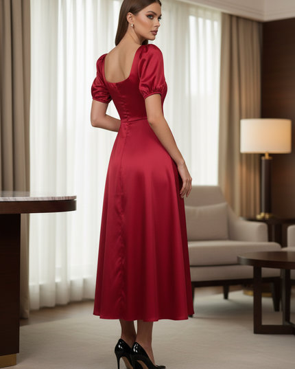 Satin Kleid Red - Satinkleid Midi Bordeaux - A-Linie mit Puffarm - Ansicht 2