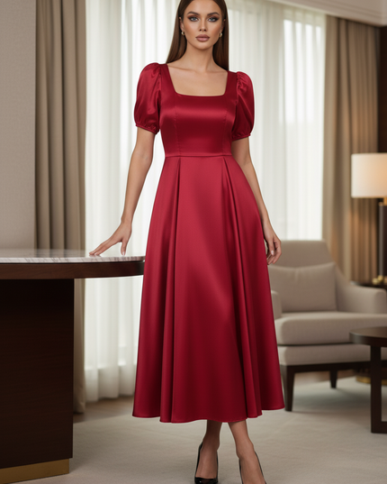 Satin Kleid Red - Satinkleid Midi Bordeaux - A-Linie mit Puffarm - Ansicht 3