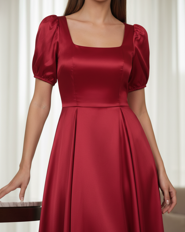 Satin Kleid Red - Satinkleid Midi Bordeaux - A-Linie mit Puffarm - Ansicht 4
