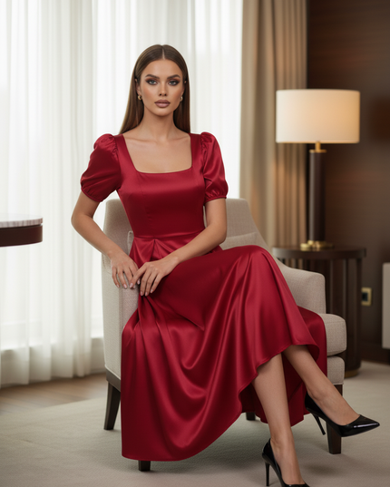 Satin Kleid Red - Satinkleid Midi Bordeaux - A-Linie mit Puffarm - Ansicht 5