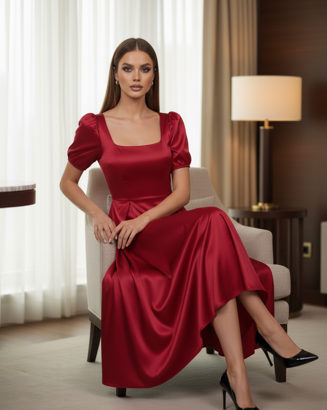 Satin Kleid Red - Satinkleid Midi Bordeaux - A-Linie mit Puffarm - Ansicht 5