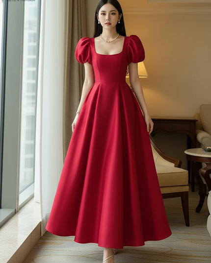 Satin Kleid Red - Satinkleid Midi Corsage Rot - Puffarm A-Linie - Ansicht 1