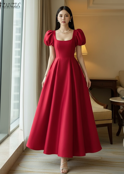 Satin Kleid Red - Satinkleid Midi Corsage Rot - Puffarm A-Linie - Ansicht 1