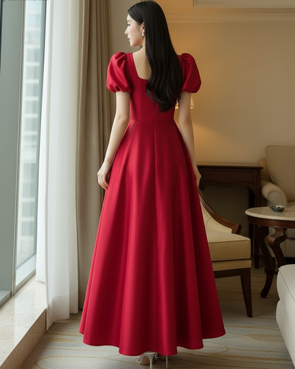 Satin Kleid Red - Satinkleid Midi Corsage Rot - Puffarm A-Linie - Ansicht 2