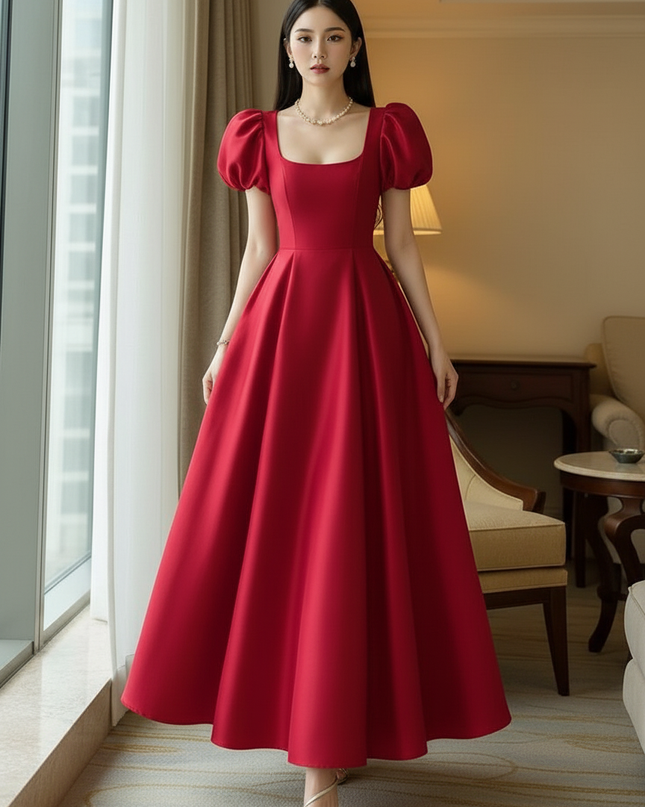 Satin Kleid Red - Satinkleid Midi Corsage Rot - Puffarm A-Linie - Ansicht 3