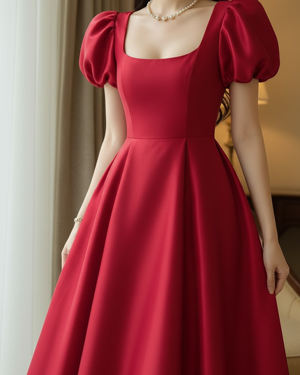 Satin Kleid Red - Satinkleid Midi Corsage Rot - Puffarm A-Linie - Ansicht 4