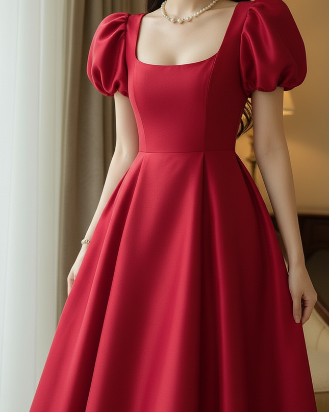 Satin Kleid Red - Satinkleid Midi Corsage Rot - Puffarm A-Linie - Ansicht 4