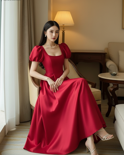 Satin Kleid Red - Satinkleid Midi Corsage Rot - Puffarm A-Linie - Ansicht 5