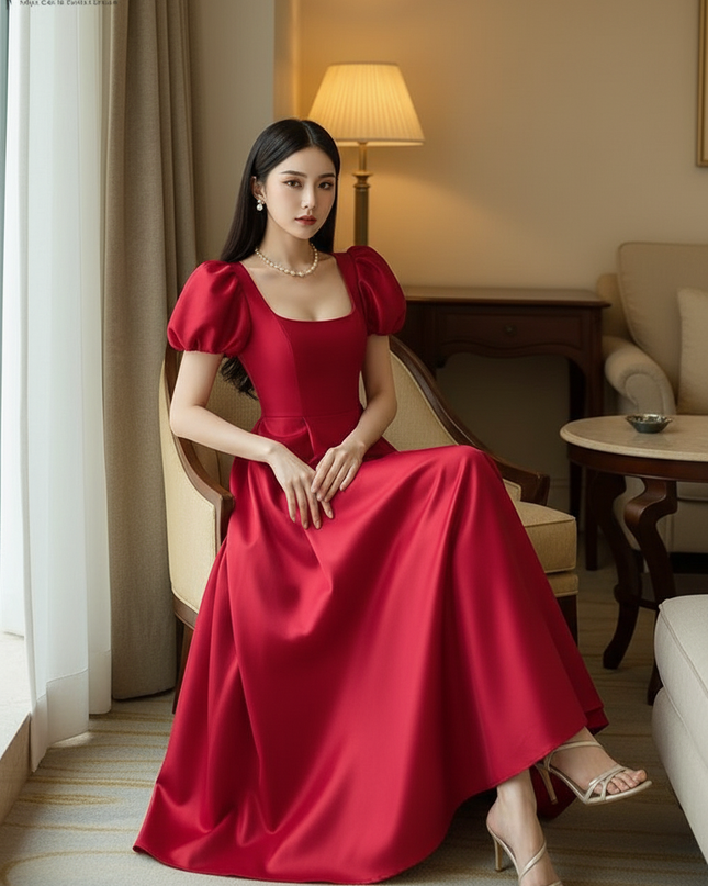 Satin Kleid Red - Satinkleid Midi Corsage Rot - Puffarm A-Linie - Ansicht 5