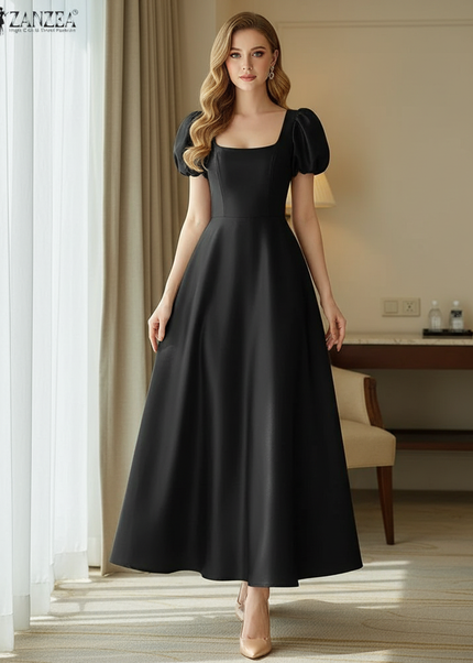Satin Kleid Black - Satinkleid Midi Corsage Schwarz - Puffarm A-Linie - Ansicht 1