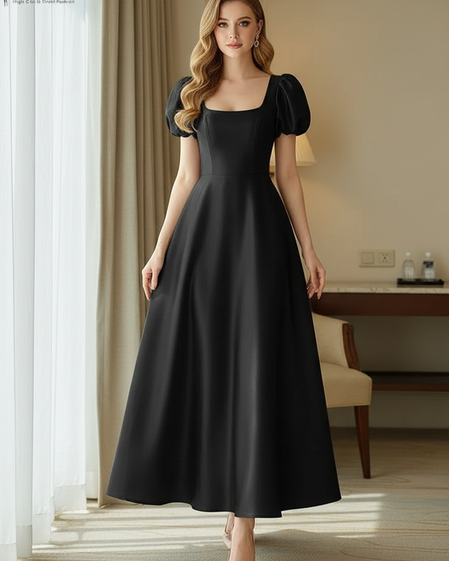 Satin Kleid Black - Satinkleid Midi Corsage Schwarz - Puffarm A-Linie - Ansicht 1