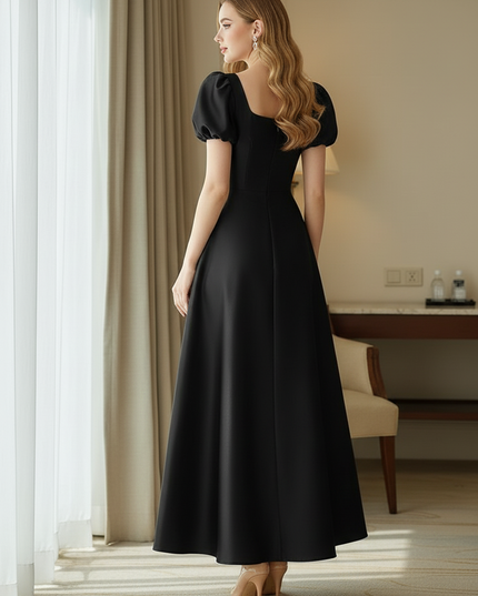 Satin Kleid Black - Satinkleid Midi Corsage Schwarz - Puffarm A-Linie - Ansicht 2