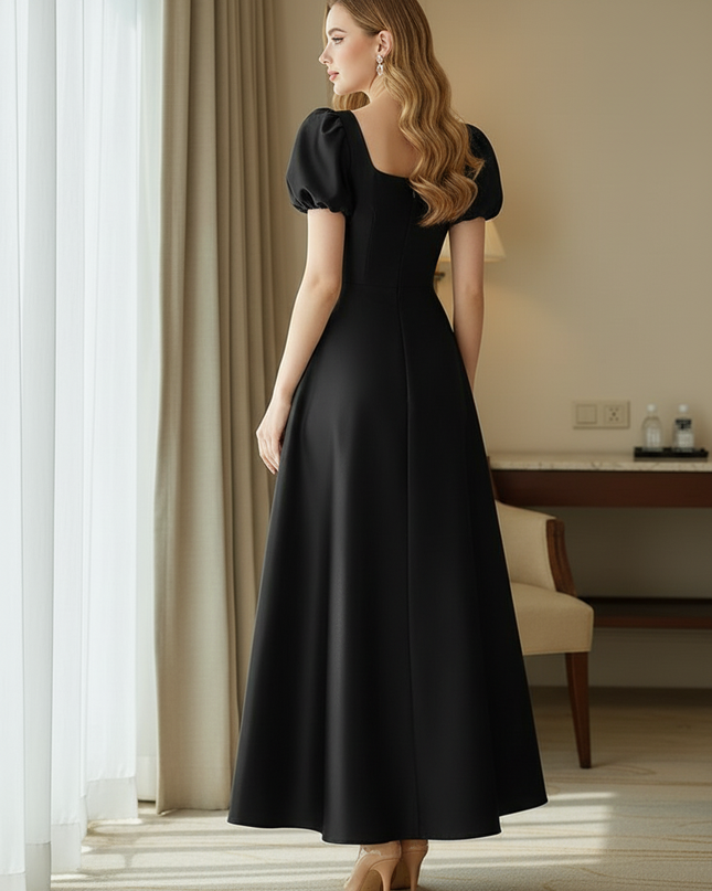 Satin Kleid Black - Satinkleid Midi Corsage Schwarz - Puffarm A-Linie - Ansicht 2