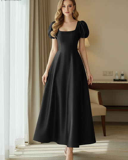 Satin Kleid Black - Satinkleid Midi Corsage Schwarz - Puffarm A-Linie - Ansicht 3