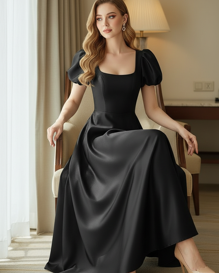 Satin Kleid Black - Satinkleid Midi Corsage Schwarz - Puffarm A-Linie - Ansicht 5