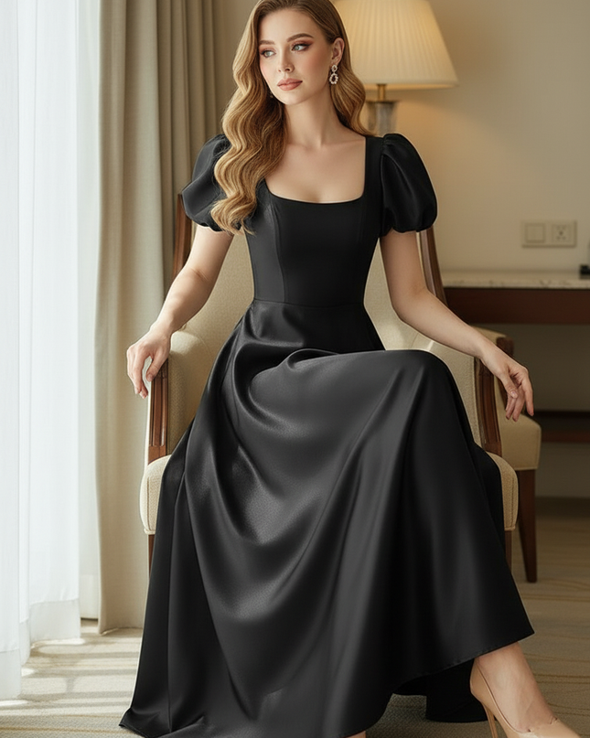 Satin Kleid Black - Satinkleid Midi Corsage Schwarz - Puffarm A-Linie - Ansicht 5