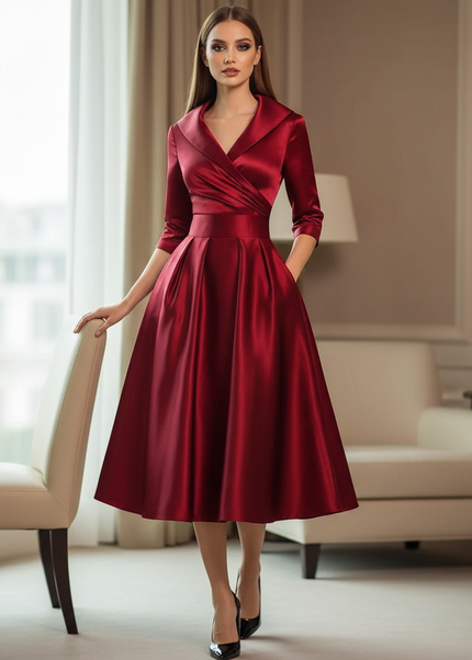 Satin Kleid Red - Satinkleid Midi Elegant Bordeaux - Langarm Kleid - Ansicht 1