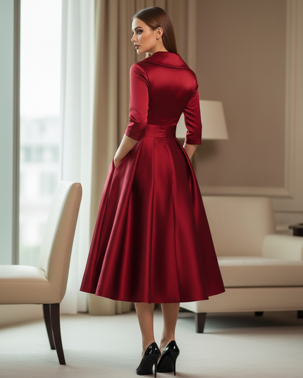 Satin Kleid Red - Satinkleid Midi Elegant Bordeaux - Langarm Kleid - Ansicht 2