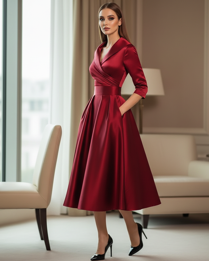Satin Kleid Red - Satinkleid Midi Elegant Bordeaux - Langarm Kleid - Ansicht 3