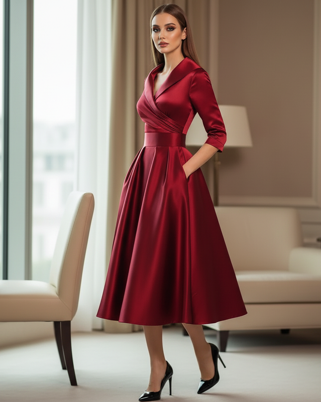 Satin Kleid Red - Satinkleid Midi Elegant Bordeaux - Langarm Kleid - Ansicht 3