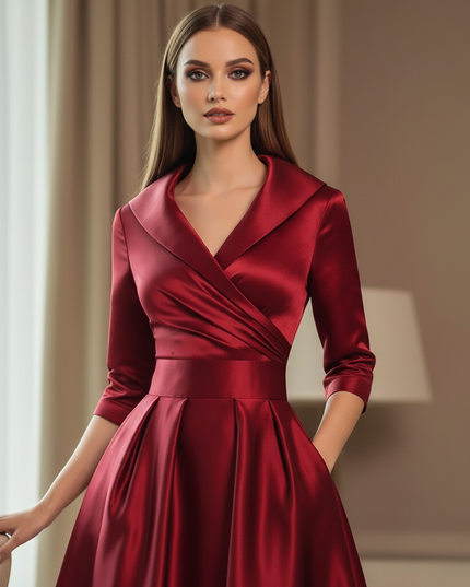 Satin Kleid Red - Satinkleid Midi Elegant Bordeaux - Langarm Kleid - Ansicht 4