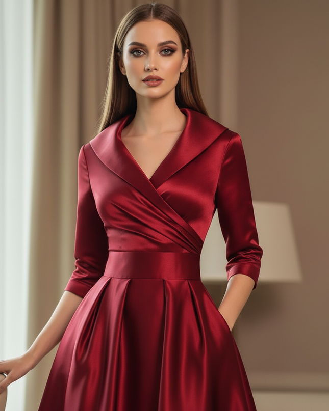Satin Kleid Red - Satinkleid Midi Elegant Bordeaux - Langarm Kleid - Ansicht 4